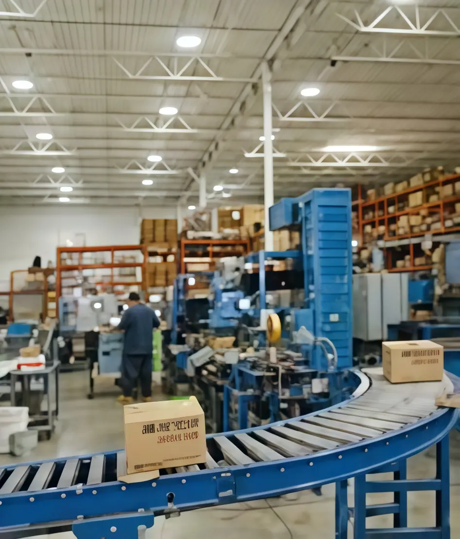 Warehouse with conveyor belt and boxes.