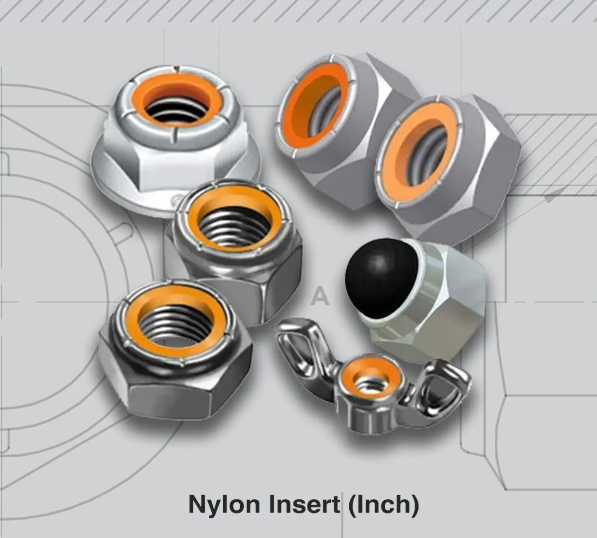 Nylon insert nuts and fasteners assortment.
