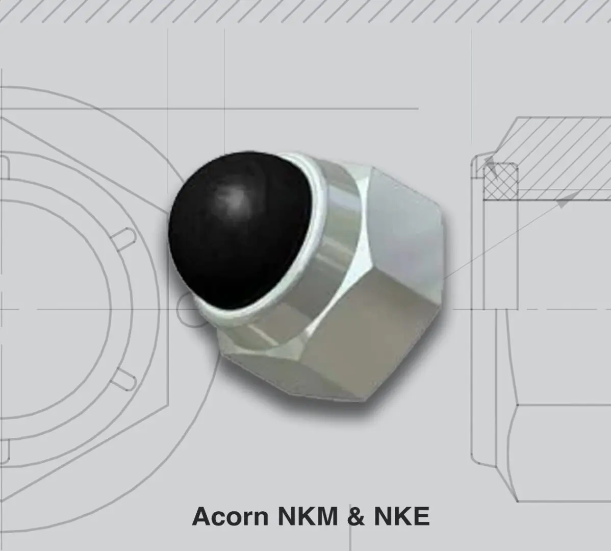 Close-up of an Acorn NKM & NKE nut with technical drawings.