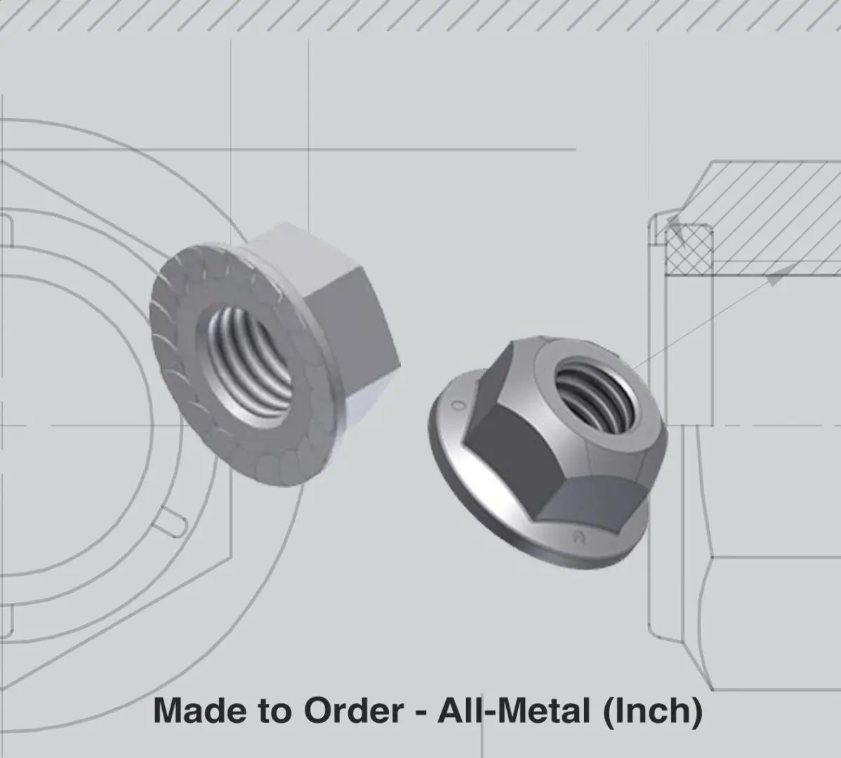 3D rendering of custom all-metal hex nuts with threading.