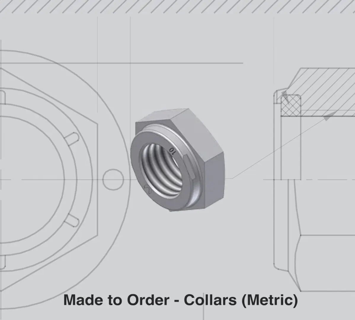 3D rendering of a metric collar nut with technical drawings.