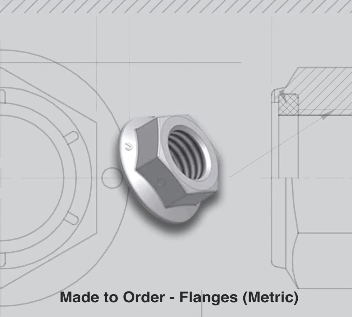 Technical drawing of a metric flange nut with detailed dimensions.