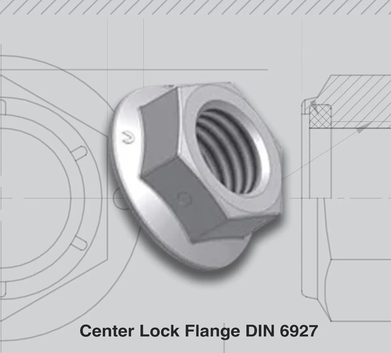 Close-up view of a center lock flange DIN 6927 nut.