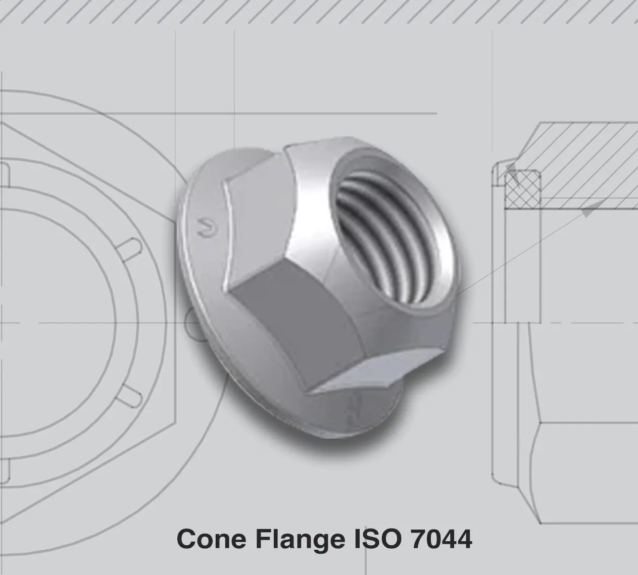 Detailed technical drawing of a cone flange nut ISO 7044.