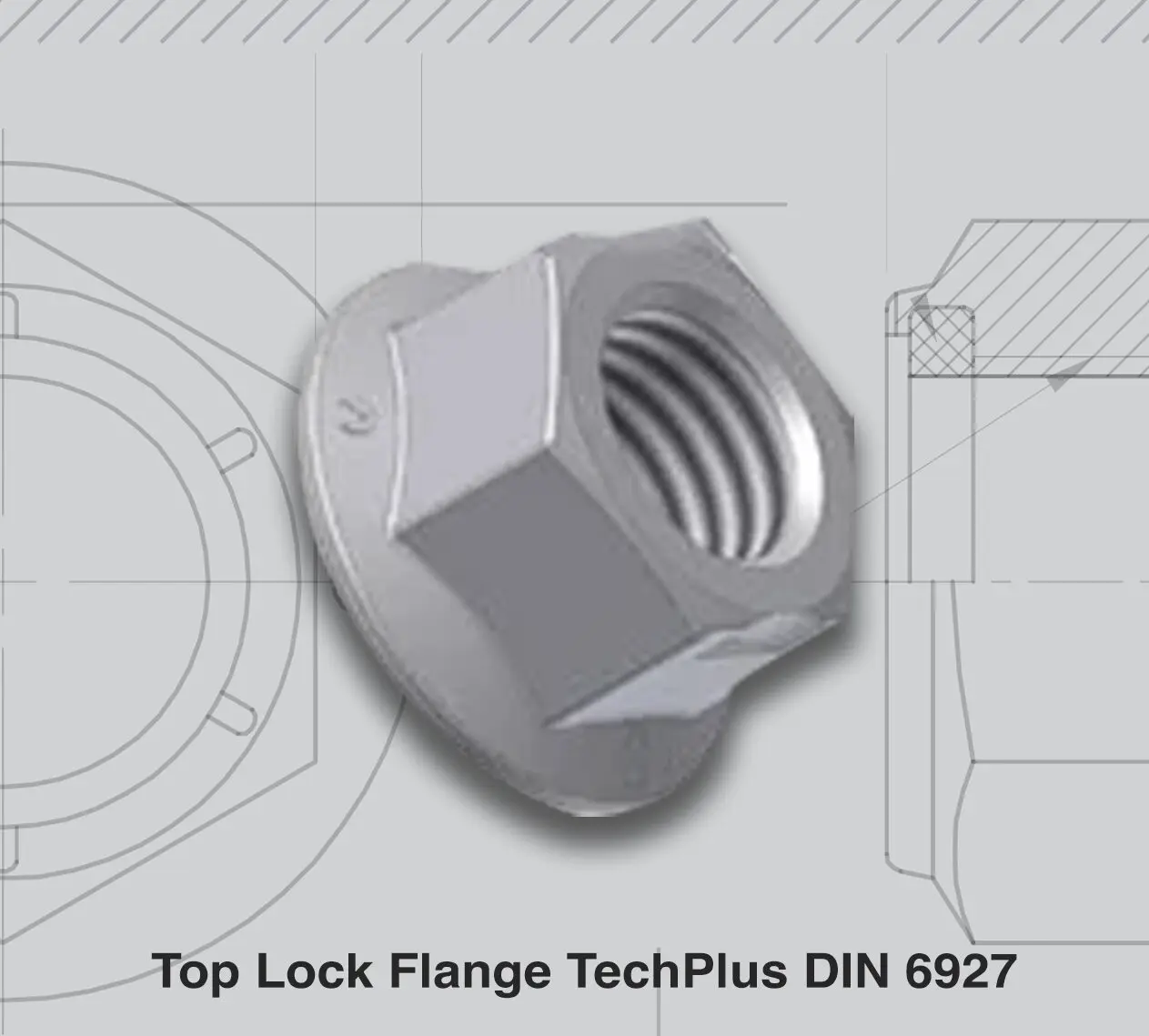 Top Lock flange nut with internal threading, TechPlus DIN 6927 standard.