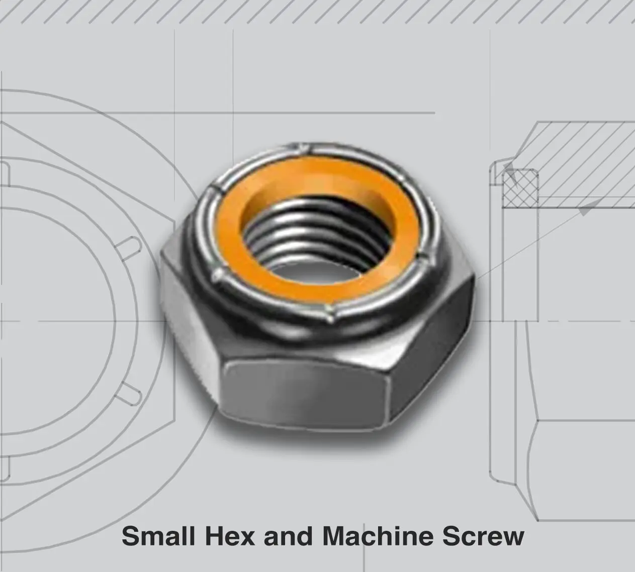 Close-up of a small hex nut and machine screw with detailed threading and orange insert.