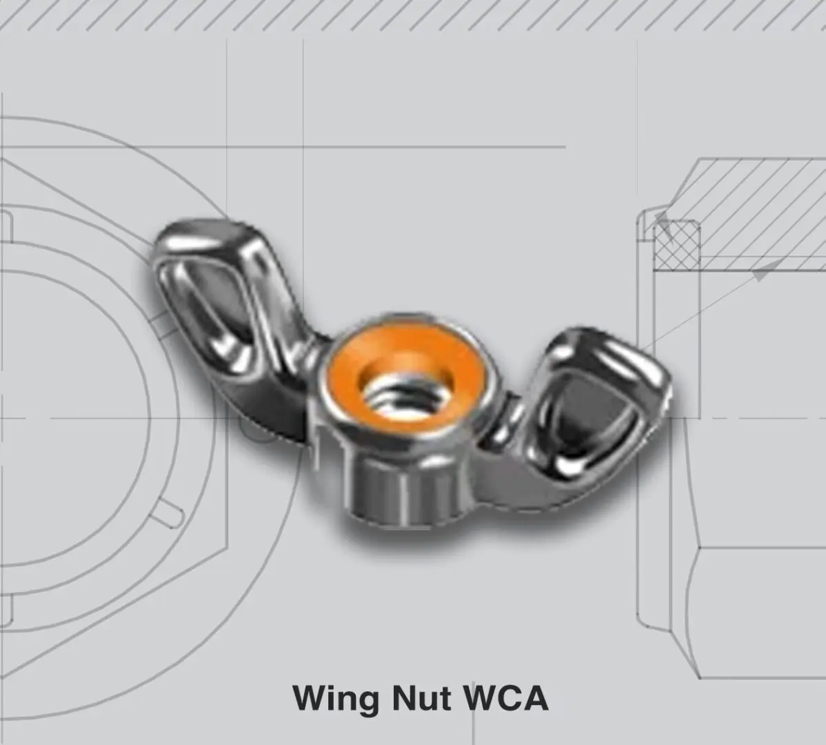 A metallic wing nut with an orange inner ring on a technical drawing background.