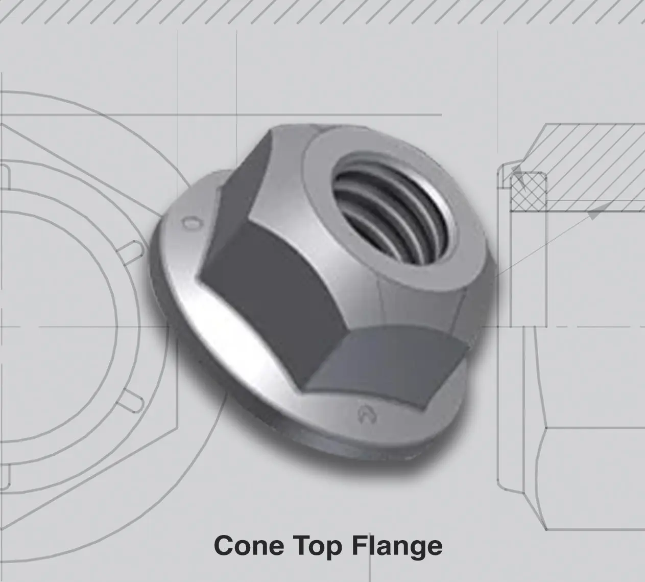 3D rendering of a metal cone top flange nut with technical drawing background.