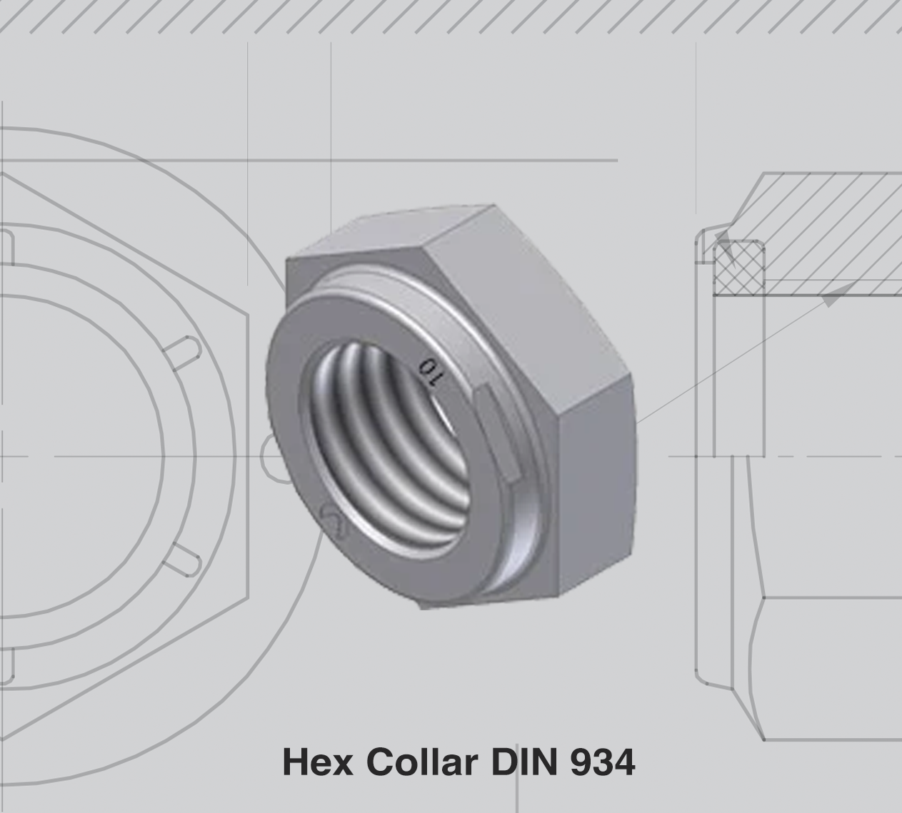 3D rendering of a hex collar nut with threading details.